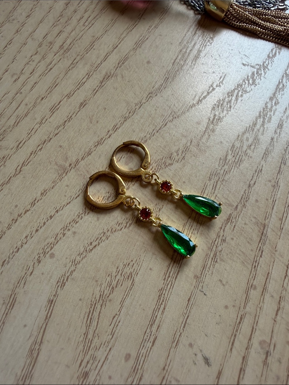 Howl’s Moving Castle Earrings with Green Teardrop and Red Accent